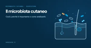 Microbiota cutaneo: illustrazione di una sezione di pelle con follicolo pilifero, ghiandole e batteri sulla superficie