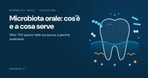 Microbiota orale: illustrazione di un dente con gengiva circondato da batteri commensali e patogeni