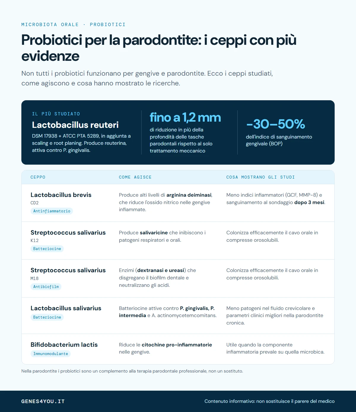 Infografica sui ceppi probiotici per la parodontite: Lactobacillus reuteri, L. brevis, Streptococcus salivarius K12 e M18, L. salivarius e Bifidobacterium lactis, con meccanismi ed evidenze